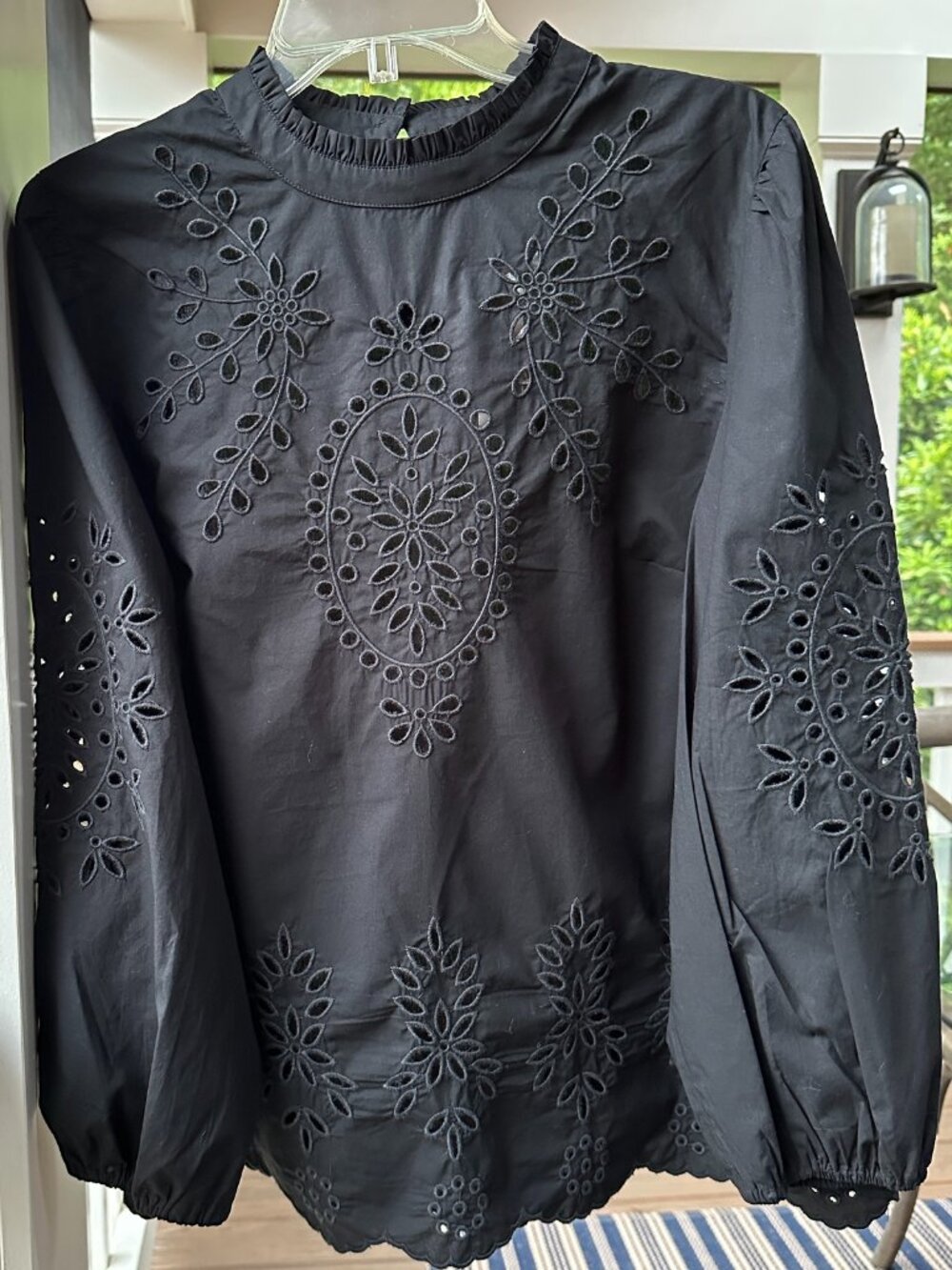 J.Crew Mockneck Cotton Poplin Top Embroidered Eyelet Long Sleeve Black Size L